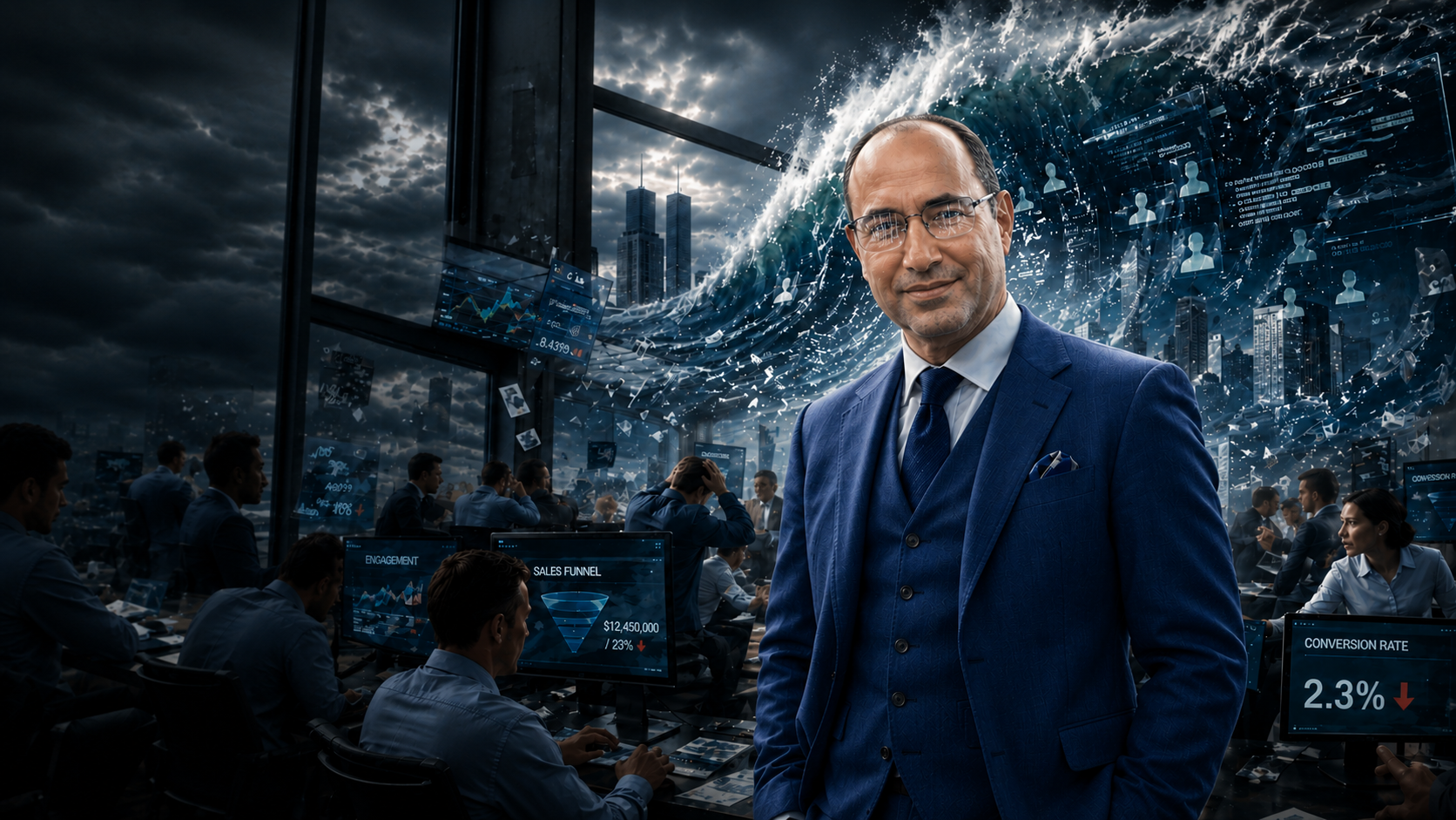 Eran Kolran standing before a tsunami of data overtaking a corporate office